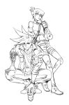  2boys 302 cup drinking_straw galo_thymos graphite_(medium) hair_up highres jacket leather leather_jacket lio_fotia monochrome multiple_boys outline promare short_ponytail sidelocks squatting traditional_media 