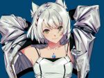  1girl animal_ears armpits bangs breasts camisole cat_ears chest_jewel collarbone eyebrows_visible_through_hair highres jacket looking_at_viewer mio_(xenoblade) shiomi_(lowrise) short_hair simple_background skirt small_breasts smile solo tank_top white_hair white_jacket white_skirt white_tank_top xenoblade_chronicles_(series) xenoblade_chronicles_3 yellow_eyes 