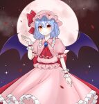  1girl ascot back_bow bangs bat_wings belt blue_hair blush bow closed_mouth clouds cloudy_sky collared_dress commentary_request dress eyebrows_visible_through_hair frills gem hair_between_eyes hand_up hat hat_ribbon highres jewelry looking_at_viewer mob_cap moon night night_sky petals pink_dress pink_headwear piyoru_nico puffy_short_sleeves puffy_sleeves red_ascot red_belt red_bow red_eyes red_ribbon remilia_scarlet ribbon short_hair short_sleeves sky smile solo standing star_(sky) touhou wings wrist_cuffs 