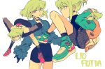  302 4boys alternate_costume androgynous black_gloves earrings frilled_shirt frills gloves green_hair hair_up half_gloves highres jacket jewelry letterman_jacket lio_fotia male_focus multiple_boys multiple_persona otoko_no_ko promare shirt shoes short_ponytail short_shorts shorts sneakers violet_eyes 