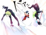 302 3boys blue_eyes blue_hair clone fighting_stance galo_thymos green_hair highres holding holding_polearm holding_weapon jumping katana lio_fotia male_focus multiple_boys polearm promare sidecut spiky_hair sword topless_male violet_eyes weapon 