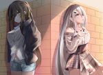 2girls absurdres black_hair grin hair_ornament hair_over_one_eye hairclip highres idea_(noworld) jacket long_hair looking_at_viewer multiple_girls noir_(noworld) noworld qiyuan_yingluo shorts smile sweater virtual_youtuber 