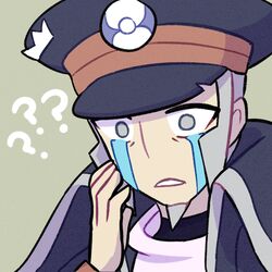  1boy ? ?? beige_background black_coat black_headwear cinamoncune coat commentary confused constricted_pupils crying english_commentary face facial_hair goatee grey_eyes grey_hair hand_to_own_face hand_up hat high_collar ingo_(pokemon) male_focus parted_lips peaked_cap pokemon pokemon_(game) pokemon_legends:_arceus sad shirt short_hair sidelocks simple_background solo streaming_tears tears teeth torn_clothes torn_hat undershirt upper_body watch watch white_shirt 