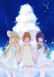  3girls bangs bare_shoulders bird blonde_hair blush brown_hair closed_eyes clouds cloudy_sky commentary_request denken dolly_(toaru_kagaku_no_railgun) dress eyebrows_visible_through_hair feet_out_of_frame frilled_dress frills hat highres holding_hands jar kouzaku_mitori long_hair looking_at_viewer multiple_girls open_mouth outdoors purple_hair seagull shokuhou_misaki short_hair sidelocks sky sleeveless sleeveless_dress smile standing sun_hat sundress toaru_majutsu_no_index violet_eyes white_dress yellow_eyes 