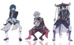  3boys bandaged_arm bandaged_hand bandages black_hair blue_hair boots closed_mouth dancing fingerless_gloves frilled_sleeves frills full_body genshin_impact gloves hair_between_eyes hat highres japanese_clothes kaedehara_kazuha knee_boots long_sleeves makeup male_focus multicolored_hair multiple_boys parody ponytail pose red_eyes reflective_floor scaramouche_(genshin_impact) shemika98425261 simple_background squatting standing streaked_hair violet_eyes white_background xingqiu_(genshin_impact) yellow_eyes 