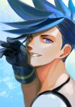  1boy 302 black_gloves blue_eyes blue_hair galo_thymos gloves highres male_focus portrait promare sidecut solo spiky_hair 