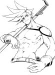  1boy 302 galo_thymos gloves graphite_(medium) greyscale hand_on_hip highres male_focus monochrome promare sidecut solo spiky_hair staff traditional_media upper_body 