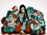  1boy black_eyes black_hair blood christmas_tree gift hand_fan highres hunter_x_hunter illumi_zoldyck licking long_hair long_sleeves male_focus needle otoko_no_ko skateboard solo stuffed_toy thicopoyo 