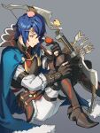  1boy alcryst_(fire_emblem) animal arrow_(projectile) bird blue_cape blue_hair bow_(weapon) brown_gloves cape circlet closed_mouth fire_emblem fire_emblem_engage fur_trim gloves hahahashagi high_collar highres holding holding_bow_(weapon) holding_weapon long_sleeves male_focus on_ground red_eyes shoes short_hair sitting solo weapon 