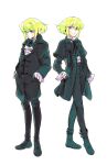  2boys 302 alternate_costume bag boots bow bowtie dual_persona earrings frills full_body gloves green_hair half_gloves highres holding_strap jewelry knee_boots lio_fotia long_coat male_focus multiple_boys peacoat promare standing violet_eyes 