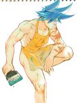  1boy 302 apron biceps blue_eyes blue_hair eyes_visible_through_hair galo_thymos highres male_focus muscular muscular_male naked_apron paintbrush promare scar scar_on_arm sidecut solo spiky_hair 