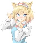  1girl alice_margatroid animal_ears arnest blonde_hair blue_dress blue_eyes blush cat_day cat_ears closed_mouth collared_shirt dress hairband highres juliet_sleeves lolita_hairband long_sleeves puffy_sleeves red_hairband shirt short_hair simple_background solo touhou upper_body white_background white_shirt 