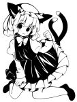  1341398tkrtr 1girl :o animal_ear_fluff animal_ears bangs bow bowtie breasts cat_ears cat_tail chen dress eyebrows_visible_through_hair full_body greyscale hair_between_eyes hand_up hat kneeling looking_at_viewer medium_breasts medium_hair mob_cap monochrome multiple_tails nekomata open_mouth paw_pose simple_background solo tail touhou two_tails white_background 