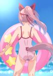 1girl animal_ears ass back bare_shoulders blue_background blue_sky bow butt_crack casual_one-piece_swimsuit cloud commentary_request cowboy_shot day facing_away from_behind gradient gradient_background hair_ribbon haru_urara_(umamusume) highres holding holding_innertube horizon horse_ears horse_girl horse_tail innertube kneepits long_hair one-piece_swimsuit outdoors pink_hair pink_one-piece_swimsuit red_ribbon ribbon saeki_tatsuya shoulder_blades simple_background sky sleeveless solo standing star_(symbol) swimsuit tail umamusume very_long_hair water