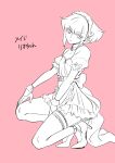  1boy 302 alternate_costume crossdressing enmaided gloves half_gloves highres leg_garter lio_fotia maid maid_headdress monochrome otoko_no_ko promare puffy_short_sleeves puffy_sleeves short_hair short_sleeves sidelocks solo squatting thigh-highs 