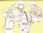  302 3boys alternate_costume androgynous fashion graphite_(medium) highres jacket lio_fotia male_focus monochrome multiple_boys otoko_no_ko promare ribbed_sweater shoes sidelocks sneakers sweater traditional_media turtleneck watch watch 