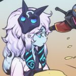 1girl anger_vein bangs brown_background furry furry_female gradient gradient_background grey_eyes horizontal_pupils kindred_(league_of_legends) lamb_(league_of_legends) league_of_legends long_hair lowres mask mask_on_head phantom_ix_row profile solo upper_body white_hair 