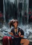  1girl absurdres akali bangs black_choker breasts brown_eyes brown_hair choker foreshortening highres holding holding_weapon japanese_clothes kunai league_of_legends legs_apart looking_at_viewer maassi_(maa2sii) ninja outdoors ponytail shiny shiny_hair sitting smile water waterfall weapon 