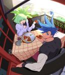  2boys 302 black_gloves blue_hair copyright_name earrings fire_helmet food galo_thymos gloves green_hair half_gloves highres holding holding_food holding_pizza jewelry lio_fotia looking_at_viewer looking_back male_focus multiple_boys pizza pizza_slice promare rat sidelocks vinny_(promare) violet_eyes 