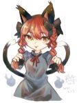  1girl :p animal_ears black_bow blush bow braid cat_ears cat_tail cowboy_shot cropped_legs doryata dress eyebrows_visible_through_hair green_dress hair_between_eyes hair_bow hair_ribbon hands_up highres holding holding_hair kaenbyou_rin long_hair multiple_tails nekomata red_eyes redhead ribbon simple_background solo tail tongue tongue_out touhou tress_ribbon twin_braids twintails two_tails white_background 