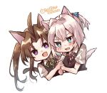  2girls animal_ears black_vest blue_eyes blush brown_hair buttons cat_ears cat_tail collared_shirt eyebrows_visible_through_hair green_ribbon hair_between_eyes kagerou_(kancolle) kantai_collection long_hair multiple_girls open_mouth pink_hair ponytail red_ribbon ribbon shiranui_(kancolle) shirt short_hair short_sleeves simple_background smile tail twintails u_yuz_xx upper_body vest violet_eyes white_background white_shirt 