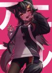  1girl absurdres animal_(vocaloid) animal_ear_fluff animal_ears bangs black_choker black_hair black_hoodie black_nails blush brown_eyes choker commentary_request facepaint hair_between_eyes highres hololive hood hoodie inaba_teitoku long_hair long_sleeves looking_at_viewer multicolored_hair nail_polish ookami_mio open_mouth pantyhose redhead short_shorts shorts sleeves_past_wrists solo streaked_hair tail two-tone_hoodie very_long_hair virtual_youtuber white_hoodie wolf_ears wolf_girl wolf_tail 