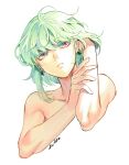  1boy 302 androgynous colored_eyelashes green_hair half-closed_eyes highres lio_fotia male_focus promare sidelocks solo topless_male violet_eyes 