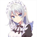  1girl alternate_costume apron bangs black_dress blue_eyes bow bowtie breasts brown_bow brown_bowtie closed_mouth dress enmaided eyebrows_visible_through_hair frills grey_hair hair_between_eyes izayoi_sakuya looking_at_viewer maid maid_headdress medium_breasts puffy_short_sleeves puffy_sleeves short_hair short_sleeves simple_background solo touhou upper_body white_apron white_background 