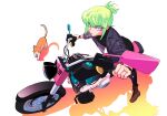  1boy 302 alternate_hairstyle anime_coloring black_gloves cat gloves green_hair ground_vehicle hair_up half_gloves highres jacket jewelry leather leather_jacket lio_fotia male_focus motor_vehicle motorcycle promare ring short_ponytail solo violet_eyes wedding_band 