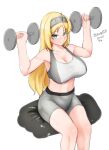  1girl absurdres bike_shorts blonde_hair blue_eyes breasts dated dumbbell exercise grey_shorts hairband headgear highres kantai_collection large_breasts maru_(marg0613) midriff nelson_(kancolle) one-hour_drawing_challenge shorts simple_background sitting solo sports_bra twitter_username weightlifting white_background 