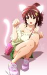  1girl alternate_hairstyle animal_ears bag beige_blouse brown_eyes brown_hair casual cat_ears cat_tail curly_hair green_skirt hibike!_euphonium highres looking_at_viewer nii_manabu oumae_kumiko paw_pose pink_background ponytail shoes short_hair sitting skirt sneakers solo tail 