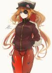  1girl ass_visible_through_thighs blue_eyes bodysuit bodysuit_under_clothes breasts brown_hair eyepatch fadingz hair_between_eyes hands_in_pockets hat highres long_hair medium_breasts neon_genesis_evangelion plugsuit rebuild_of_evangelion red_bodysuit signature solo souryuu_asuka_langley thighs two_side_up white_background 
