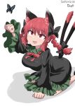  1girl :3 :d animal_ear_fluff animal_ears arm_support bangs black_bow black_dress bow breasts bug butterfly cat_ears cat_tail chups dated dress extra_ears eyebrows_visible_through_hair fang hair_bow highres kaenbyou_rin long_sleeves multiple_tails nekomata open_mouth red_eyes red_nails redhead signature simple_background sitting smile solo tail touhou two_tails white_background 