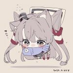  1girl amatsukaze_(kancolle) animal_ears beige_background black_dress blush brown_eyes cat_ears chibi dated dress fish flying_sweatdrops full_body hair_tubes highres irokiiro kantai_collection long_hair long_sleeves mouth_hold red_legwear shadow silver_hair simple_background solo tears thigh-highs two_side_up windsock 