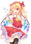  1girl ;d animal_ears ascot bangs black_legwear blonde_hair bow cat_day cat_ears cat_tail clenched_hands cowboy_shot crystal eyebrows_visible_through_hair fang flandre_scarlet frilled_skirt frills hair_bow one_eye_closed one_side_up open_mouth paw_print red_bow red_eyes red_skirt red_vest shirt short_hair short_sleeves skirt smile solo standing tail thigh-highs touhou unya_(coco121955) vest white_background white_shirt wings wrist_cuffs yellow_ascot 