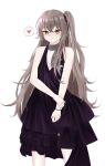  1girl bangs blush bracelet breasts brown_eyes closed_mouth collarbone dress eyebrows_visible_through_hair feet_out_of_frame girls_frontline grey_scarf hand_on_arm heart heart_print jewelry light_brown_hair long_hair looking_at_viewer paaam purple_dress scar scar_across_eye scarf side_ponytail small_breasts solo standing ump45_(diamond_flower)_(girls&#039;_frontline) ump45_(girls&#039;_frontline) white_background 