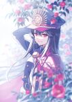  1girl arm_behind_head arm_up bangs belt black_hair black_headwear blurry blurry_foreground cape family_crest fate/grand_order fate_(series) flower hair_between_eyes hat highres long_hair long_sleeves looking_at_viewer military military_hat military_uniform nonono_(nononotea) oda_nobunaga_(fate) oda_nobunaga_(koha-ace) oda_uri peaked_cap red_cape red_eyes red_flower sidelocks smile solo uniform upper_body 