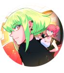  1boy 2girls 302 aina_ardebit blonde_hair earrings fisheye green_hair highres jewelry lio_fotia lucia_fex male_focus multiple_girls pink_hair promare sidelocks suspenders violet_eyes 