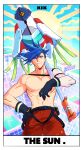  1boy 302 blue_eyes blue_hair detached_sleeves galo_thymos gloves highres male_focus matoi promare single_detached_sleeve solo spiky_hair sun tarot topless_male 
