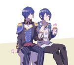  2boys ameiro_pk blue_hair dual_persona eating food food_theft ice_cream jacket kaito_(vocaloid) long_sleeves looking_at_another male_focus multiple_boys project_sekai simple_background smile vocaloid 
