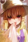  1girl :p alternate_eye_color bangs blonde_hair blurry blurry_background blurry_foreground blush depth_of_field eyebrows_behind_hair hair_between_eyes hand_on_own_chin hand_up hat head_tilt highres kyuuri99999 long_hair long_tongue looking_at_viewer moriya_suwako purple_vest shirt sidelocks sleeves_past_fingers sleeves_past_wrists solo tongue tongue_out touhou turtleneck upper_body vest violet_eyes white_shirt wide_sleeves 