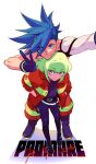  2boys 302 black_gloves blue_eyes blue_hair copyright_name detached_sleeves firefighter_jacket from_above galo_thymos gloves green_hair half_gloves head_on_head head_rest height_difference highres lio_fotia male_focus multiple_boys promare single_detached_sleeve v violet_eyes 
