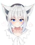  1girl amato_0321 animal_ears bangs blue_eyes blush closed_mouth commentary_request crossed_bangs drawn_whiskers eyebrows_visible_through_hair fang fang_out fox_ears hair_between_eyes hat heart highres hololive looking_at_viewer portrait shirakami_fubuki short_hair sidelocks silver_hair simple_background smile solo virtual_youtuber white_background 