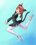  1girl :d alternate_costume animal_ears bad_hands ballerina black_bow blue_background bow braid breasts cat_ears cat_tail eyebrows_visible_through_hair full_body gradient gradient_background hair_bow hair_ribbon highres kaenbyou_rin leg_up long_hair long_sleeves looking_at_viewer multiple_tails nekomata open_mouth pantyhose petticoat pink_footwear red_eyes redhead ribbon simple_background small_breasts smile solo tail touhou tress_ribbon twin_braids twintails two_tails usui_ou white_legwear 