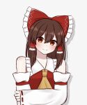  1girl absurdres ascot bangs bare_shoulders blush bow brown_hair closed_mouth collared_dress detached_sleeves dress eyebrows_visible_through_hair eyes_visible_through_hair frills hair_between_eyes hair_bow hair_ornament hair_tubes hakurei_reimu hand_on_own_arm hand_up highres long_sleeves looking_to_the_side medium_hair piyoru_nico red_bow red_dress red_eyes shadow simple_background smile solo touhou upper_body white_background wide_sleeves yellow_ascot 