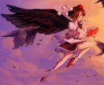  1girl autmnbird bird black_feathers black_skirt blouse book brown_hair camera crow feathers flying frilled_skirt frills from_side hat highres mary_janes pen red_footwear shameimaru_aya shirt shoes short_hair skirt solo tokin_hat touhou white_blouse white_shirt wings 