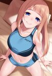  1girl bangs bed blonde_hair blue_eyes blunt_bangs blush huyumitsu long_hair looking_at_viewer midriff navel original pillow short_shorts shorts solo sweat track_and_field 