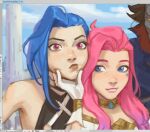  1boy 2girls arcane:_league_of_legends arcane_jinx bangs bare_shoulders blue_hair brown_shirt collar gloves hand_up jinx_(league_of_legends) kherl league_of_legends long_hair looking_at_viewer multiple_girls pink_eyes pink_hair portrait seraphine_(league_of_legends) shirt sideways_glance smile star_tattoo tattoo teeth viktor_(league_of_legends) white_gloves 