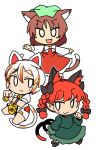  3girls :3 :d ? bangs black_bow bow bowtie braid brown_hair cat_tail chen chibi dress eyebrows_visible_through_hair fang full_body goutokuji_mike green_dress hair_bow hair_ribbon highres ini_(inunabe00) kaenbyou_rin looking_at_viewer looking_to_the_side multicolored_hair multiple_girls multiple_tails nekomata open_mouth outstretched_arms redhead ribbon simple_background skin_fang smile streaked_hair tail touhou tress_ribbon twin_braids twintails two_tails v-shaped_eyebrows white_background white_bow white_bowtie 