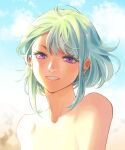  1boy 302 androgynous green_hair grin highres lio_fotia male_focus portrait promare realistic short_hair sidelocks sky smile solo topless_male violet_eyes 